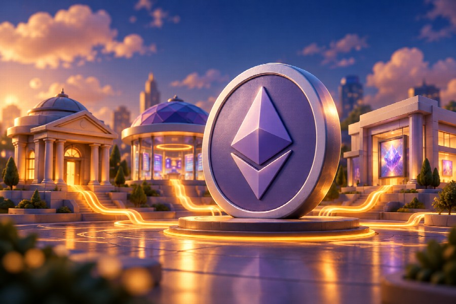 Κέρμα Ethereum τροφοδοτεί μια μικρή πόλη εφαρμογών, συμβολίζοντας τη λειτουργία του δικτύου.